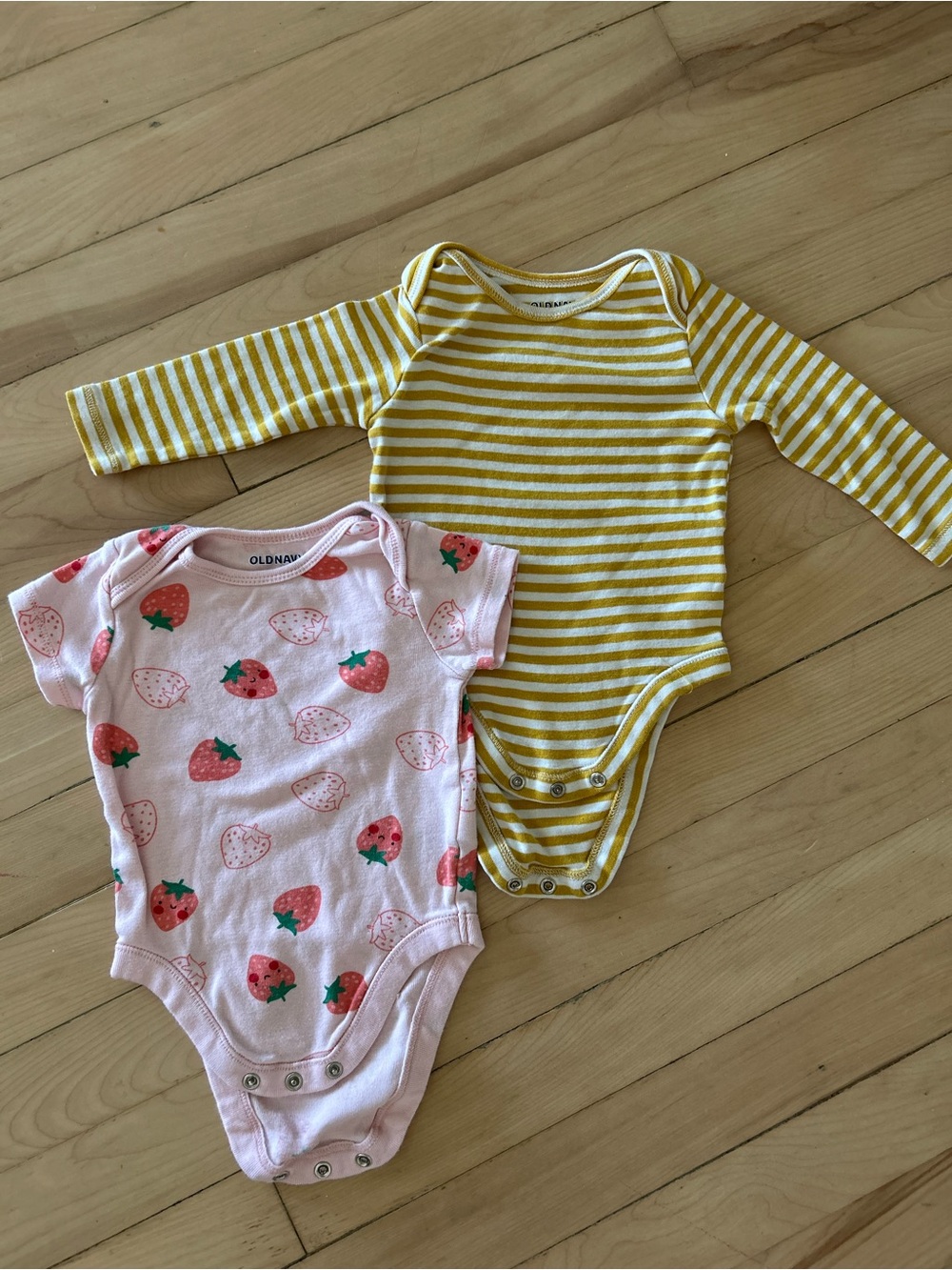 Old Navy Pink Strawberry & Mustard Stripe Baby Bodysuits
